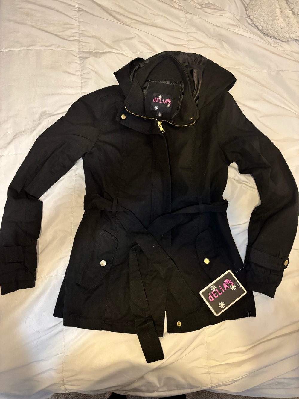 dELiA*s Black Hooded Trench with Belted Waist